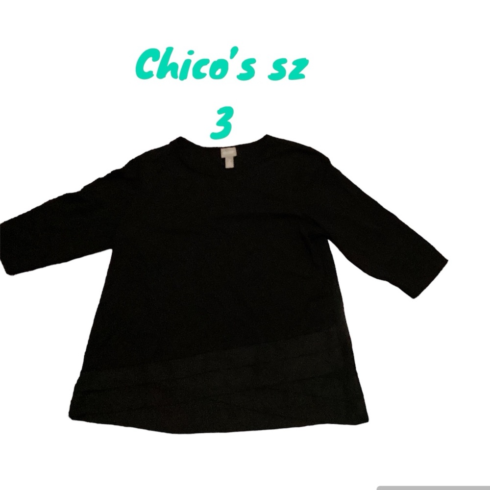 Chicos XL Stretch Black 3/4 sleeve Blouse Shirt Sheer Chiffon Bottom  sz 3 EUC